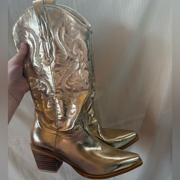 Gold Metallic Cowgirl Western Cowboy Chunky Heeled Boots Size 9 - Picture 1 of 10